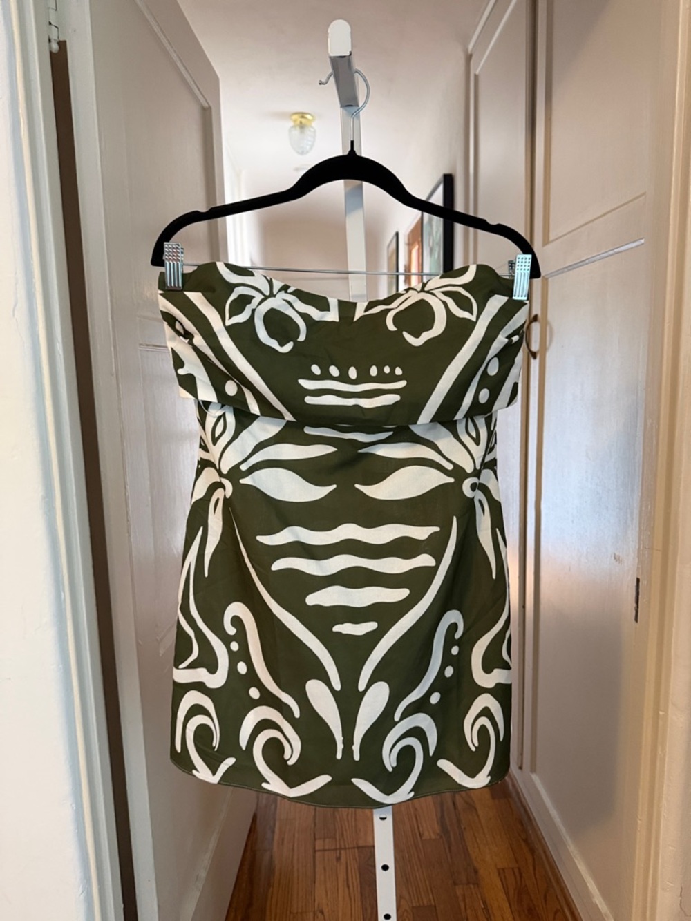 Commense Olive Green and White Strapless Patterned Mini Dress and sash